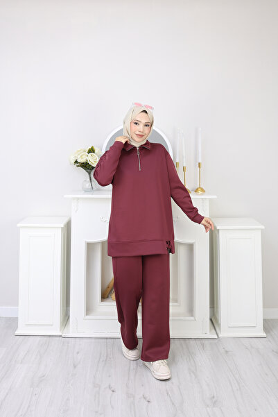 moda paketi Women's Oversized Zippered Hijab Scuba Two-Piece Set – Comfortable Fit Tracksuit Combination