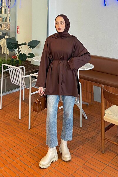 lamelif Lace-Up Detailed Sweatshirt in Bitter Brown