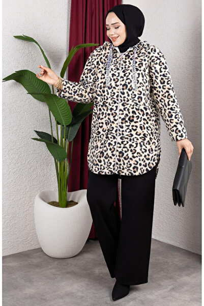 sefamerve Patterned Hooded Plush Cardigan 2062-13 Mink