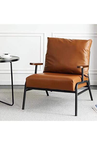 REXA R PU Leather Accent Chair with Solid Wood Armrests, Mid-Century Modern (...