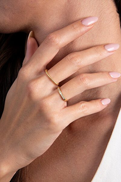 Elika Silver 925 Ayar Gümüş Zirkon Taşlı İkili Gold Yüzük Set