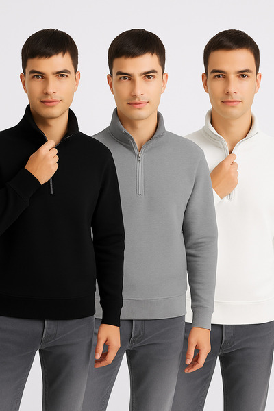 DeFacto 3lü Comfort Regular Fit Rahat Kalıp Fermuarlı Dik Yaka Basic Düz Sweatshirt X7405AZ25SP
