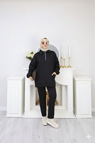 moda paketi Kadın Oversize Cep Detaylı Fermuarlı Scuba Eşofman Takımı – Teset...