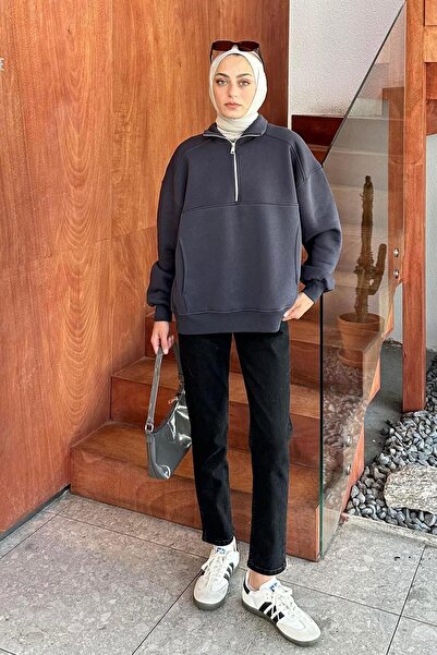 lamelif Світшот кольору фума - з півзастібкою спереду