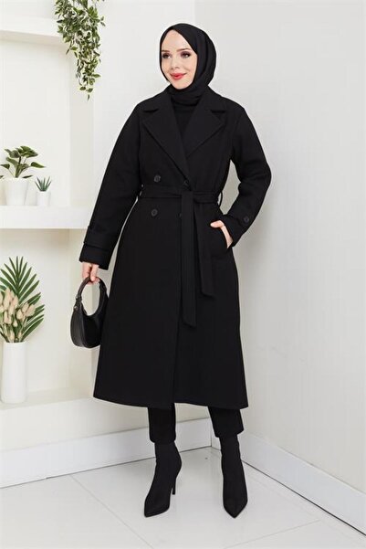 Neşeli Butik Women's Button Detailed Lined Midi Length Belted Cashmere Coat N...
