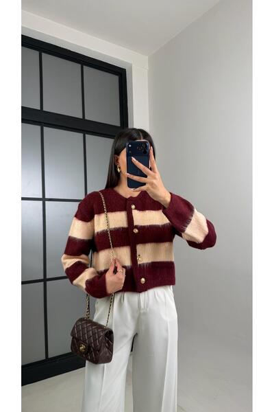 Gaus Burgundy Gold Buttoned Striped Knitwear Cardigan Gaus-00859