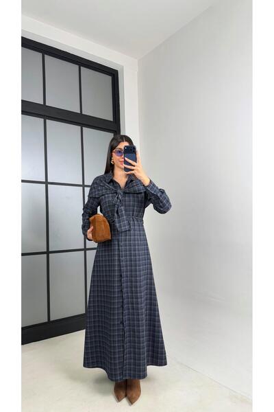 Gaus Navy Blue Shawl Detailed Belted Plaid Dress Gaus-00863