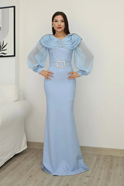 lodmela Omuz Drapeli Abiye Elbise 2314-Bebe Mavisi