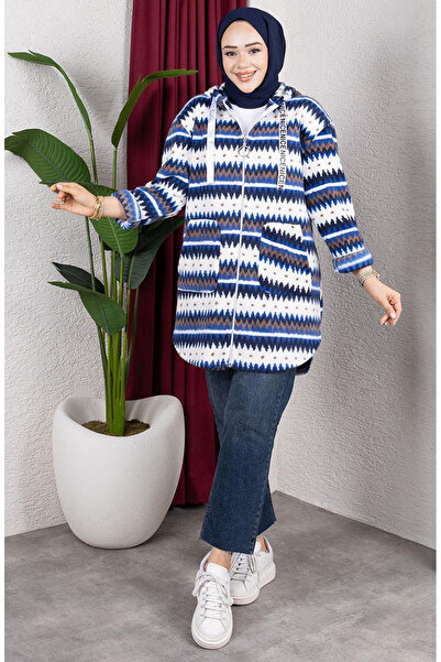 sefamerve Patterned Hooded Plush Cardigan 2062-03 Cobalt