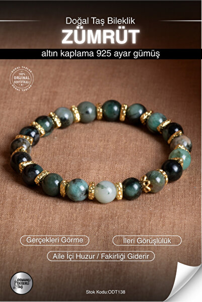 OSMANLI DEĞERLİ TAŞ Sertifikalı ZÜMRÜT Doğal Taş Altın Kaplama Gümüş Bileklik...
