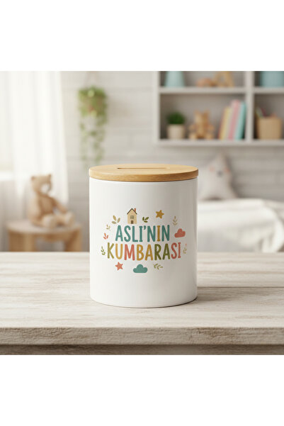 Geepkids İsme Özel Tasarım Ahşap Kapaklı Porselen Kumbara - Kişiye Özel Hediy...