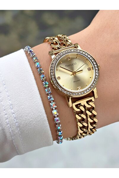Ferrucci TAŞ RAKAM TAŞ BEZEL GOLD KADIN METAL KOL SAATİ
