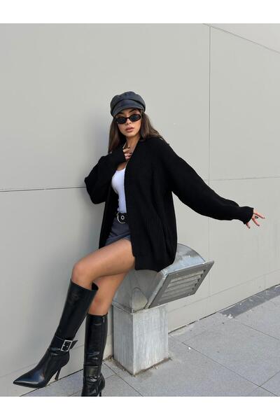 minaaise Women's Black Cardigan Oversized Open Front 30055