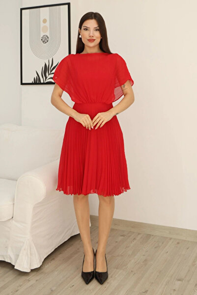 lodmela Floral Detailed Pleated Dress 2378-Red