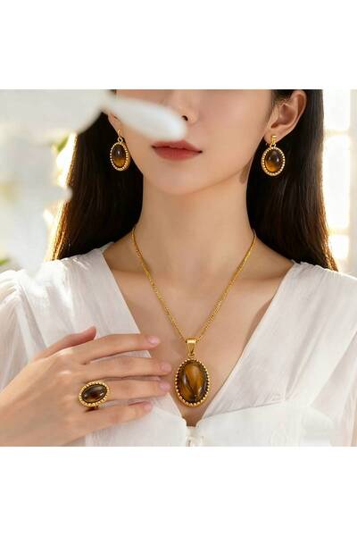 İnci Mercan Bujiteri 4 Parça Gözyaşı Taşı Takı Seti (Kolye, Küpe, Yüzük)