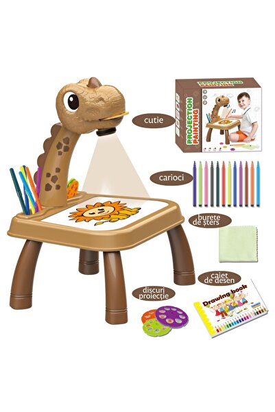 iTin Masa desen cu proiector pentru copii, dinozaur maro, 3 discuri 32 sabloa...