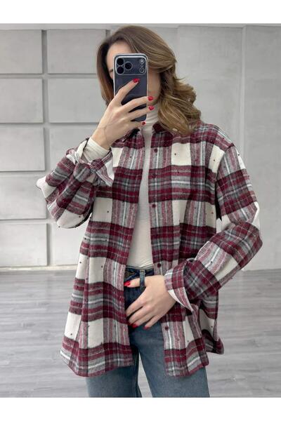 Coral Striped Plaid Lumberjack Shirt Dg251067 Burgundy - Ecru