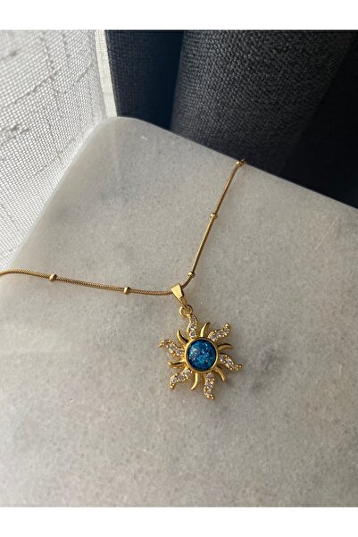 Anetta Jewelry Kadın altın renk mavi taşlı güneş model çelik kararmaz kolye
