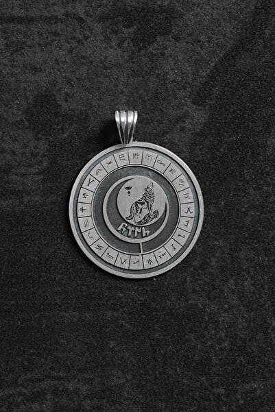 FRNCH 925 Ayar Gümüş Göktürk Alfabesi ve Kurt Figürlü Gümüş Renk Erkek Kolye ...