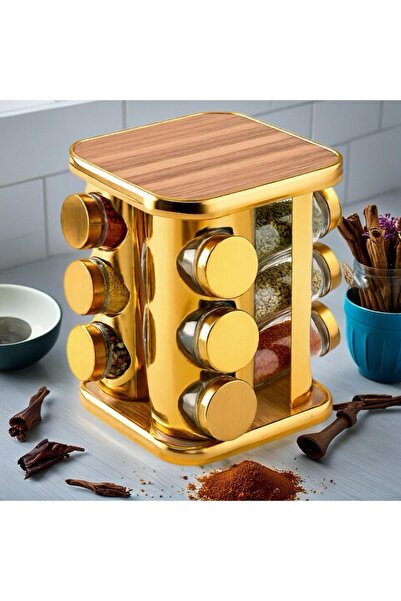 ZÜRİH COLLECTİON Dönerli Kare Ahşap Cam Kavanozlu Baharatlık Seti 12'li Gold ...