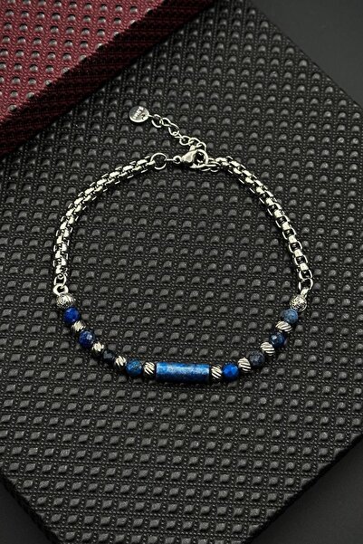 FRNCH 316L Çelik ve Lapis Lazuli Doğal Taşlı Lacivert Renk Erkek Bileklik FRJ...