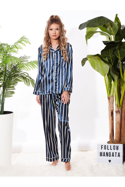 MANGATA Women's Navy Blue 7-Piece Striped Print Pajama Set