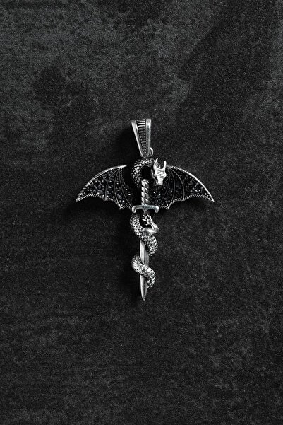 FRNCH 925 Ayar Gümüş Ejderha Kanatlı Yılanlı Kılıç Figürlü Gümüş Renk Erkek K...