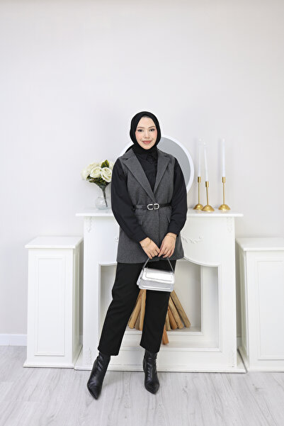 moda paketi Women's Belted Stylish Cashmere Vest – Hijab Plain Woven Winter Vest - Lined