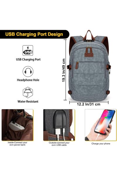 Tzowla Canvas Laptop Backpack, Anti-Theft Travel Rucksack with USB Port, Fits 15.6-inch Laptop