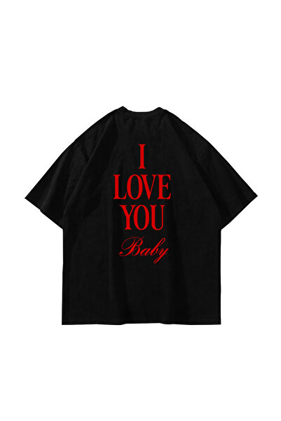 Sekizbiraltı I Love You Baby Printed Oversized Unisex Black Tshirt