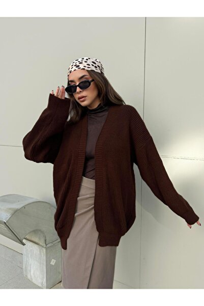 minaaise Women's Brown Cardigan Oversized Open Front 30055
