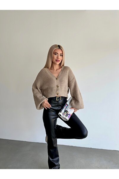 Paraf style Beige Oversized V-Neck Buttoned Knitwear Cardigan