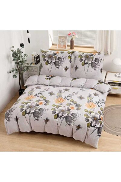 trendyhome Double Fitted Bed Linen, Plush Material, 4 Pieces – Floral, Grey/Cream, N15242
