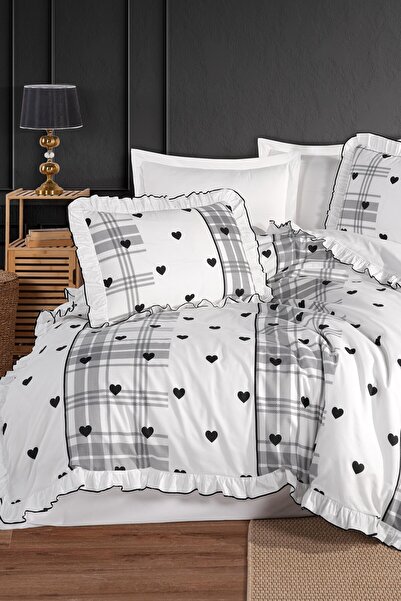 GÖRMEZ TEKSTİL Love Check - Set de lenjerie de pat neagră pentru o persoană, din bumbac natural cu volane