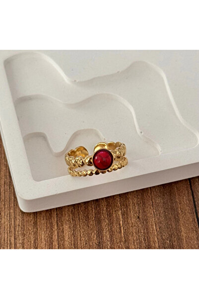 TURKAFONE خاتم ذهبي مرصع بالحجر الأحمر - قابل للتعديل