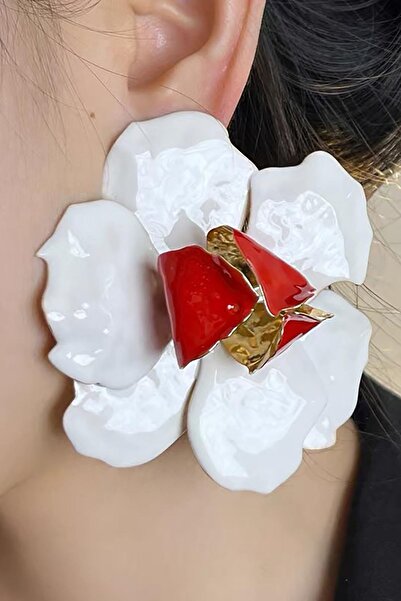 TAKIŞTIR Beyaz Ve Kırmızı Renk Çiçek Figürlü Tasarım Küpe (Çift)