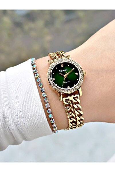 Ferrucci TAŞ RAKAM TAŞ BEZEL YEŞİL KADRANLI ZİNCİR KORDON GOLD METAL KADIN KO...