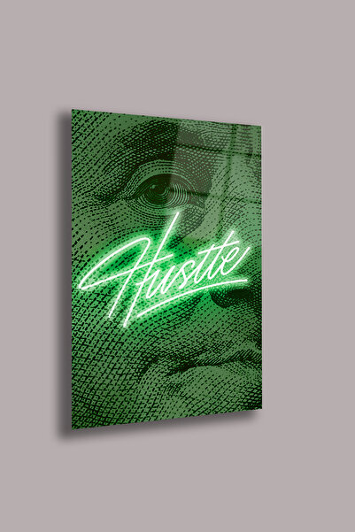 gxe.art Tablou de sticlă cu design cu litere neon „Hustle”.