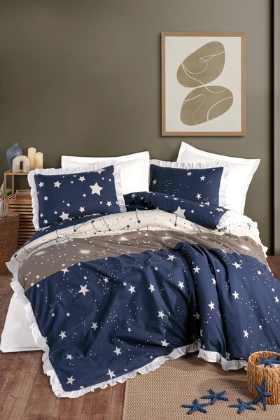 GÖRMEZ TEKSTİL ستارفال - طقم غطاء لحاف مفرد مكشكش من القطن الطبيعي