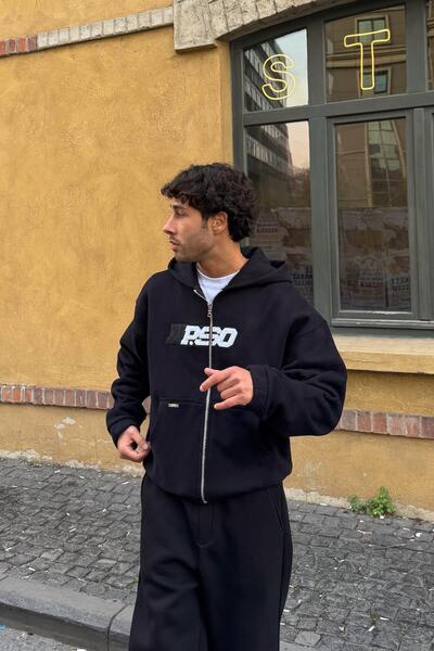Flaw Wear Premium Kumaş P.SO Nakışlı Zip Hoodie Siyah