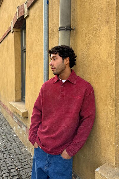 Flaw Wear Düğmeli Polo Yaka Sweatshirt Bordo