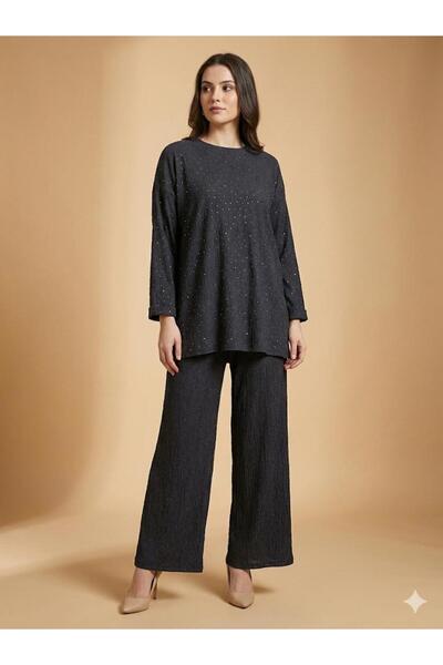 F&D Tekstil Women's Stone Embroidered Y Slit O Oversized Double Bottom Top Set