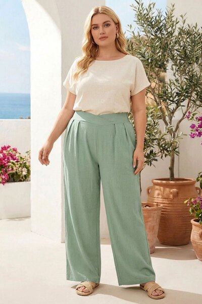 Stil Diva Plus Size Pleated Pocket Wide Leg Stretch Fabric Pants 875-V