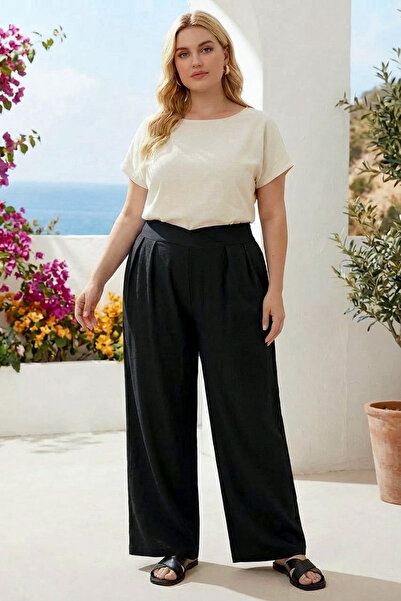 Stil Diva Plus Size Pleated Pocket Wide Leg Stretch Fabric Pants 875-V