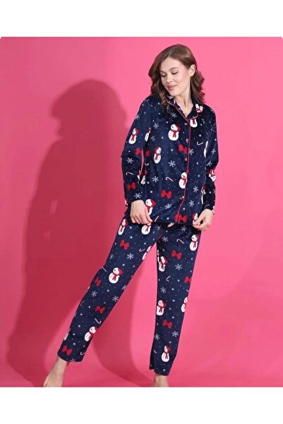 GOOD NİGHT Yılbaşı Desenli Kadife Kadın Pijama Takımı
