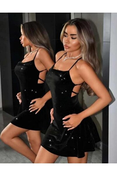 ZERVA QUEEN Simli Sırt Bağlamalı Dekolteli Kloş Kadın Fantezi Gece Elbisesi