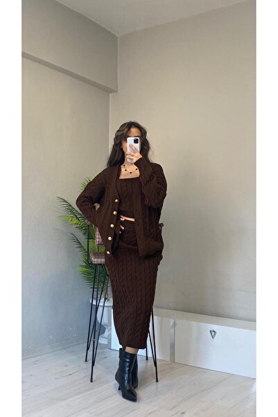 Butik Kadın kahverengi saç örgü detaylı etek hırka crop üçlü takım