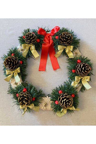 DengeArt & Handmade Yılbaşı Kapı Süsü Gold Doğal Kozalak Noel Süsleme Çelenk