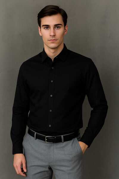 Ramires Men's Black Slim Fit Slim Fit Straight Hard Collar Long Sleeve Shirt