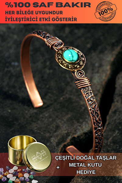 OSMANLI GÜMÜŞ Women's Copper Bracelet - Natural Turquoise Stone 12 Zodiac Sign Engraved Women's Copper Bracelet